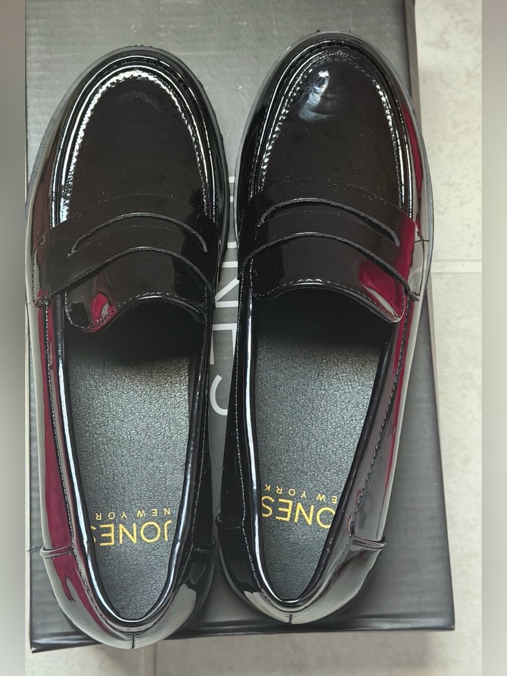 Jones New York Black Patent Penny Loafers with Gold Logo